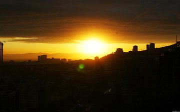солнце, закат, город, владивосток