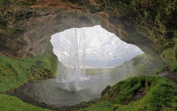 река, природа, скала, водопад, поток, мох, пещера, долина, исландия, селйяландсфосс, northern cave, водопад сельяландсфосс