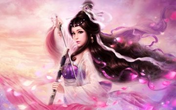 арт, девушка, меч, лепестки, волосы, прическа, ленты, гейша, розовый фон, кисти, ruoxing zhang, ruoxing zhang - zhouzhiruo