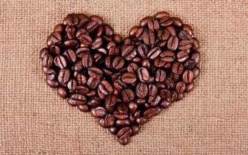 зерна, кофе, сердце, любовь, ткань, кофейные