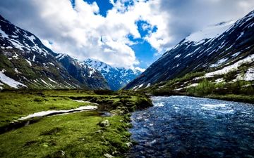 небо, облака, вода, река, горы, природа, норвегия