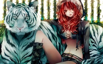тигр, девушка, красные волосы