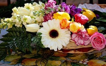цветы, розы, букет, корзина, тюльпаны, герберы, гербера, tyulpany, rozy, gvozdiki, композиция, гвоздики