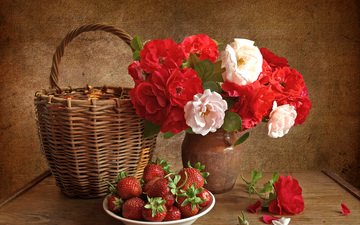 клабника, cvety, rozy, natyurmort, vaza