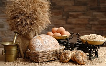 хлеб, весы, яйца, зерно, булочки, мука, ступка