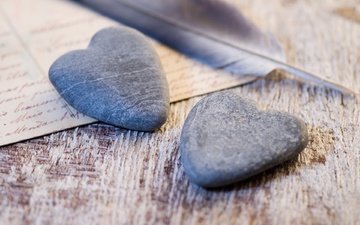 камни, настроение, сердце, письмо, перо, камушки, каменные сердечки, символ любви