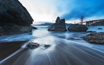 скалы, камни, море, утро, туман, мост, сан-франциско, калифорния, золотые ворота, автор джастин керн