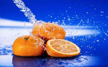 вода, капли, фрукты, апельсины, брызги, синий фон, цитрусы