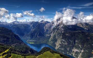 облака, река, горы, поля, панорама, леса, германия, альпы, бавария, bavarian alps, озеро кёнигзее