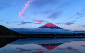 небо, облака, вечер, озеро, отражение, гора, япония, вулкан, фудзияма