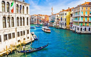 люди, лодки, венеция, канал, гондола, дома, италия, архитектура, флаги