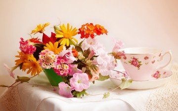 цветы, букет, чашка, напитки, ваза, чай, натюрморт