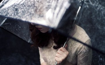 девушка, настроение, модель, дождь, волосы, зонт, лицо