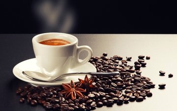 кофе, чашка, кофейные зерна, ложка, бадьян