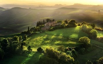 деревья, холмы, утро, дом, италия, долина, тоскана