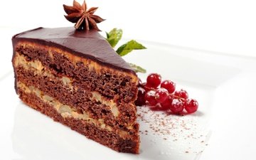шоколад, сладкое, торт, десерт, глазурь, смородина, кусочек, бадьян