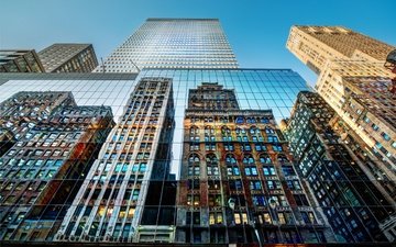 отражение, небоскребы, фонарь, нью-йорк, здания
