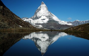 небо, вода, озеро, горы, снег, отражение, швейцария, альпы, маттерхорн, гора маттерхорн