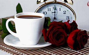 цветы, розы, кофе, кружка, чашка, будильник