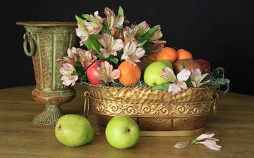 цветы, яблоки, ваза, мандарины, натюрморт, груши, альстромерия