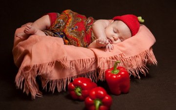 красная, сон, дети, младенец, шапочка, платок, перцы, платки