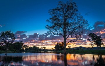небо, облака, деревья, река, природа, закат, отражение, австралия