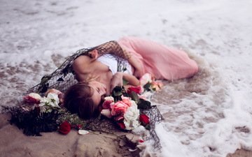 цветы, девушка, море, поза, ситуация, модель, лицо, сети, закрытые глаза