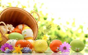 цветы, весна, корзина, пасха, яйца, праздник