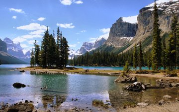 озеро, горы, природа, лес, пейзаж, остров, канада