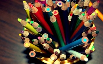 макро, разноцветные, карандаши, цветные, стакан, рисование, цветные карандаши, набор, художество
