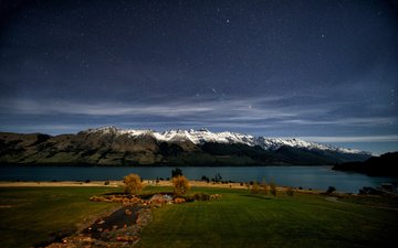 небо, ночь, деревья, горы, звезды, новая зеландия, озеро вакатипу