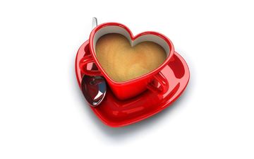 кофе, сердце, блюдце, белый фон, чашка, utro, chashka, kofe, lozhka, в форме сердца