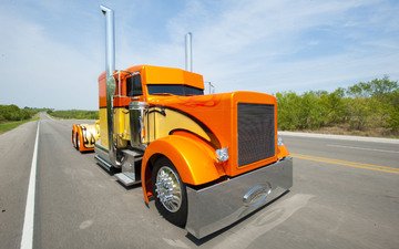 дорога, лето, оранжевый, грузовик