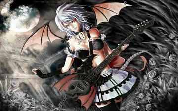 гитара, крылья, аниме, демон, kartinka, syuzhet, yepizod, personazh, серые волосы