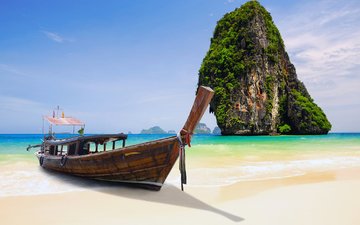 скала, пляж, лодка, таиланд, тропики