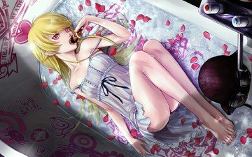 вода, девушка, платье, лепестки, аниме, пончик, ванна, bakemonogatari, istorii, oshino, shinobu