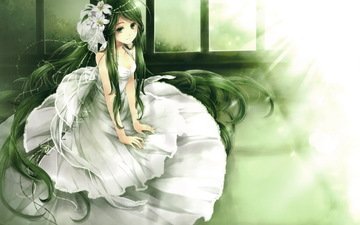 арт, девушка, аниме, белое платье, невеста, зеленые волосы, cvety, svet, nevesta, zelenye volosy, дощечка