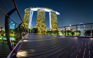 огни, вечер, мост, сингапур
