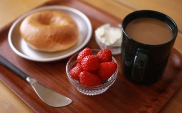 ягода, клубника, кофе, чашка, завтрак, нож, сдоба