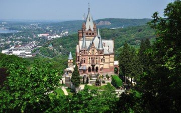 зелень, лес, замок, архитектура, германия, замок драхенбург