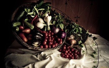 лук, овощи, помидоры, баклажаны, фасоль, цукини