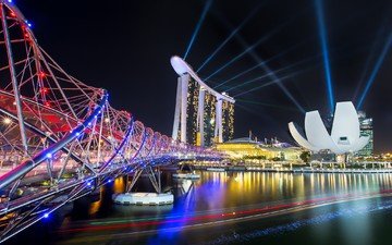 ночь, огни, мост, отель, сингапур, marina bay sands