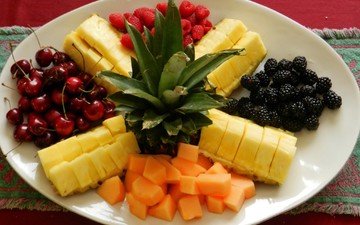фрукты, тарелка, десерт, ежевика, ананасы, вишня малина