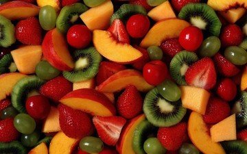 виноград, фрукты, клубника, ягоды, вишня, персики, киви