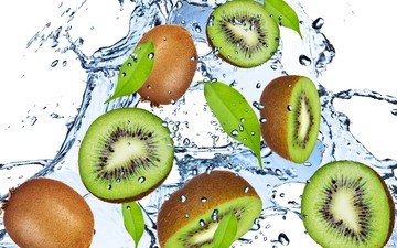вода, зелёный, капли, свежесть, фрукты, брызги, киви, листики