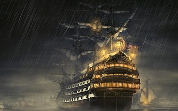 ночь, море, корабль, парусник, дождь, фрегат