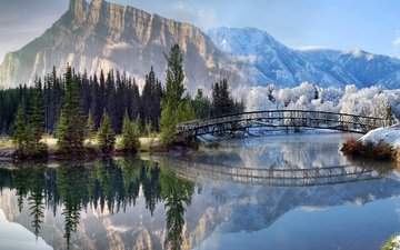 река, горы, снег, лес, зима, отражение, пейзаж, мост, первый снег на горной реке