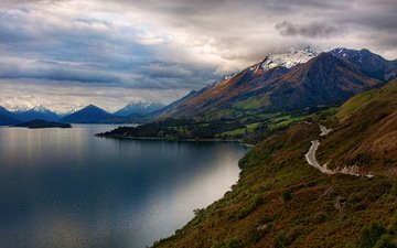 дорога, деревья, озеро, горы, снег, природа, пейзаж, остров, новая зеландия