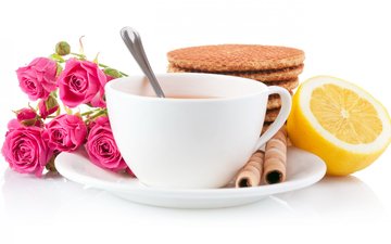 розы, лимон, чашка, чай, печенье