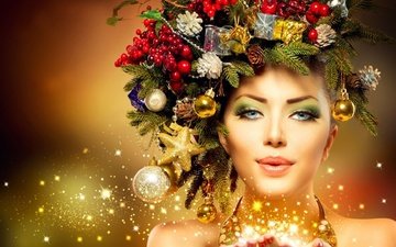 новый год, елка, девушка, взгляд, лицо, праздники, макияж, рождество, магия, венок, новогодние украшения